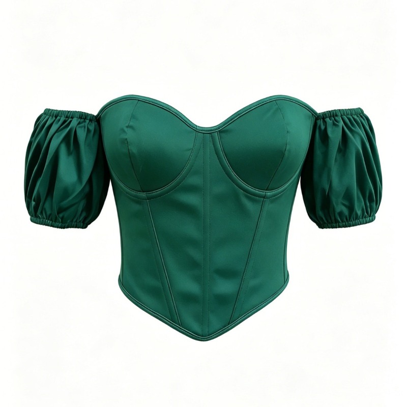 Boning Corset Steel - 섹시한 그린 새틴 코르셋 탑, 짧은